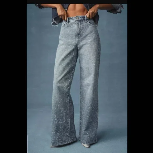 NWT Anthropologie Good American Good Ease High-Rise Rhinestone Wide-Leg Jeans 27 - Picture 2 of 11